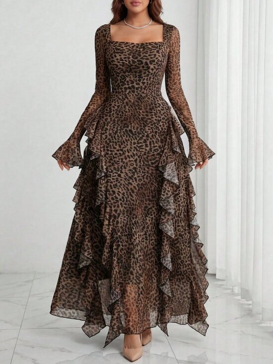 Dresses & Skirts - Women's Plus Size Leopard Print Ruffle Trim Long Sleeve Square Neck maxi Dress